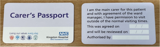 Card stating "I am the main carer for this patient and with agreement of the ward manager, I have permission to visit outside of the normal visiting times."