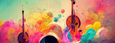 A colourful painting of musical intruments