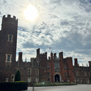 Hampton Court Palace with the sun trying to break through cloud