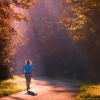 A runner, running in the late autumn sun towards trees